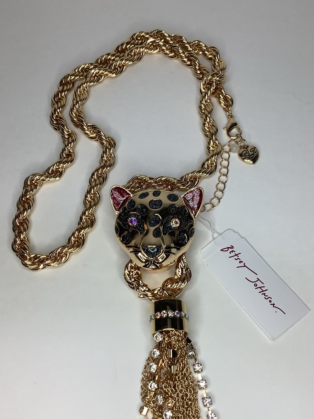 Betsey Johnson Leopard Panther Crystal Tassel Statement Necklace New - Picture 3 of 4